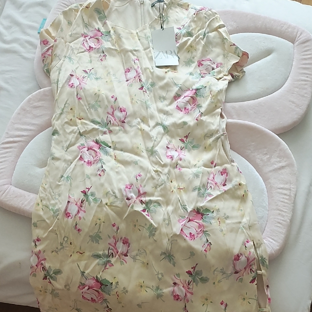Zara Cream Floral Dress with Pink and Green Accents